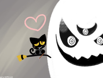 anthro blush bodily_fluids drooling duo grey_background heart_symbol hypnosis mind_control saliva simple_background spiral spiral_eyes yellow_eyes kaittycat google google_doodle magic_cat_academy momo_(google) felid ghost mammal spirit