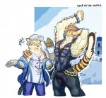 anthro biceps clothed clothing countershading duo fur hoodie male muscular shirt simple_background spots tank_top topwear torn_clothing vest wolfmalro nekojishi studio_klondike likulau shu-chi clouded_leopard felid feline leopard_cat mammal pantherine prionailurus 2018