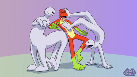 4_fingers 4_toes anthro biped eyes_closed featureless_crotch feet fingers foot_on_belly foot_on_face foot_smother gloves_(marking) green_body green_skin grey_body grey_skin group handstand humanoid_feet leg_markings markings nude_anthro nude_male open_mouth outside plantigrade quadruped red_body red_skin simple_background simple_eyes smile smug smug_face smug_grin socks_(marking) toes tongue toony transformation trio yellow_body yellow_skin hexadoodle anon hex_(hexadoodle) amphibian frog human human_taur mammal taur 16:9 2025 digital_drawing_(artwork) digital_media_(artwork) hi_res shaded simple_shading watermark widescreen