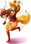 anthro blue_eyes blush boots breasts brown_hair chest_tuft clothed clothing fangs female footwear hair implied_transformation long_hair open_mouth panties ponytail ribbons shirt shoes simple_background solo teeth topwear tuft underwear white_background edmol canid canine fox mammal 2012