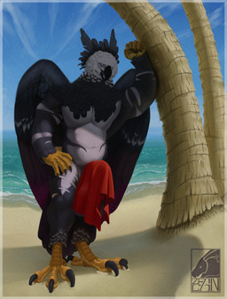against_natural_surface against_surface against_tree anthro beach beak belly black_body black_feathers claws cloud erection feathers feet horizon logo looking_at_viewer male muscular navel nude outside palm_tree plant public public_nudity purple_eyes sand sea sky solo standing talons teeth toes towel towel_on_penis tree water wave wings zeanlain zeanlain_(character) accipitrid accipitriform avian bird eagle harpy_eagle 2024 adversarial_noise artist_logo colored hi_res