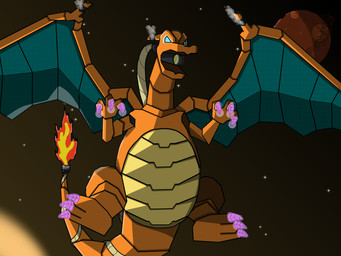 ambiguous_gender fire glowing glowing_eyes machine mecha orange_body solo space tail text drakesart mythology nintendo pokemon charizard dragon generation_1_pokemon mythological_creature mythological_scalie pokemon_(species) robot scalie 4:3 absurd_res english_text hi_res