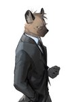 anthro black_clothing brown_body brown_fur clothing costume eyewear fur glasses looking_at_viewer male necktie shirt simple_background solo suit topwear shabi96522 aggretsuko sanrio jiro_haida_(aggretsuko) hyena mammal spotted_hyena 2023 2:3 absurd_res hi_res