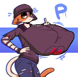 annoyed anthro beanie big_breasts bottomwear breasts clothing denim denim_bottomwear denim_clothing ear_piercing ear_ring erect_nipples female gesture hand_gesture hand_on_hip hat headgear headwear huge_breasts hyper hyper_breasts jeans jewelry middle_finger necklace nipple_outline nipples pants pattern_clothing piercing ring_piercing skinny skinny_anthro skinny_female solo straining_clothing striped_clothing stripes sweatshirt tail top_heavy torn_bottomwear torn_clothing torn_jeans torn_pants mirukiblue epic_games fortnite fortnite:_battle_royale meow_skulls calico_cat domestic_cat felid feline felis mammal 2026 absurd_res hi_res