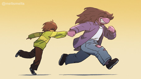 anthro brown_hair clothing duo female freckles green_clothing green_shirt green_topwear hair male purple_body running shirt simple_background topwear white_clothing white_shirt white_topwear yellow_background meltsmelts deltarune undertale_(series) kris_dreemurr susie_(deltarune) human mammal scalie 16:9 2025 2d_animation animated frame_by_frame hi_res widescreen nonbinary_(lore)
