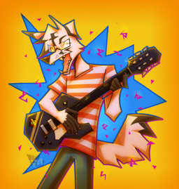 anthro black_body black_fingers black_fur black_nose clothing colored_nails electric_guitar eyewear fingerless_(marking) fingernails fur glasses guitar holding_object male musical_instrument nails open_mouth pattern_clothing plucked_string_instrument shirt simple_background solo string_instrument striped_clothing stripes t-shirt tail teeth topwear wearing_glasses white_body white_fingernails white_fur white_nails white_tail yellow_background blacky_888 lemon_demon marcuss_(themaninstripesandglasses) arctic_fox canid canine fox mammal true_fox 2021 absurd_res digital_drawing_(artwork) digital_media_(artwork) hi_res