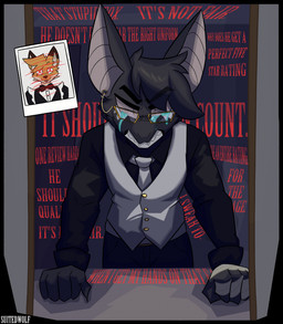 5_fingers angry anthro bandage bandaged_arm bared_teeth bent_over big_ears black_bow_tie black_clothing black_shirt black_topwear bodily_fluids bow_tie button_(fastener) cheek_tuft claws clothing collared_shirt complaining crossed_out crying dialogue dipstick_ears door ear_markings ear_piercing ears_up eyebrow_through_hair eyebrows eyelashes eyewear facial_tuft fangs fingers fist glasses gold_button_(fastener) gold_glasses hair hand_on_desk hate head_tuft humanoid_hands humor looking_at_mirror looking_at_object looking_at_viewer maid_uniform male markings mirror mole_(marking) multicolored_ears neck_tuft necktie open_mouth piercing pink_eyes pink_inner_ear polaroid_photo red_text self-harm shaking shirt snout solo standing suit tears teeth text topwear translucent translucent_hair tuft uniform upset whining white_clothing white_necktie white_suit wounded x_eyes suitedwolfie is_that_your_fucking_fursona?_that's_cringe balthy_(suitedwolfie) cain_(suitedwolfie) bat canid canine fox mammal red_fox true_fox wingless_bat 2025 digital_drawing_(artwork) digital_media_(artwork) english_text hi_res meme watermark