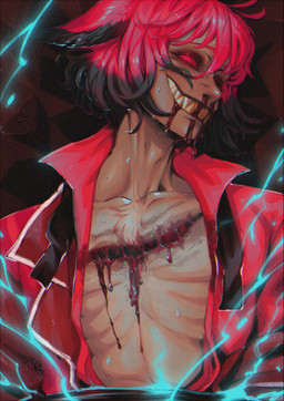 blood bob_cut bodily_fluids brown_body brown_fur ears_down eyelashes fur glowing glowing_eyes gore grin male nosebleed pivoted_ears red_eyes sharp_teeth smile solo teeth wounded blackberreh hazbin_hotel hellaverse alastor_(hazbin_hotel) animal_humanoid deer deer_humanoid humanoid mammal mammal_humanoid hi_res
