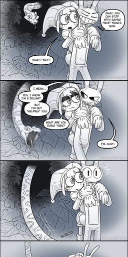 anthro clothed clothing duo faceplant facial_piercing falling female jester lip_piercing lying male on_front overalls piercing smile snakebite_piercing text walking absolutedream glitch_productions the_amazing_digital_circus jax_(tadc) pomni_(tadc) human lagomorph leporid mammal rabbit reptile scalie snake absurd_res comic english_text hi_res long_image tall_image