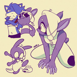 alternate_species anthro bindi blue_body blue_fur chest_wraps clothed clothing crop_top crossed_arms duo female fully_clothed fur fur_tuft hair hole_in_pants purple_body purple_fur shirt simple_background surprised tied_hair topwear tuft wraps boffix nintendo splatoon frye_(splatoon) shiver_(splatoon) aquatic canid canine canis eel fish lagomorph leporid mammal rabbit wolf 1:1 2025 digital_drawing_(artwork) digital_media_(artwork) hi_res shaded signature simple_shading