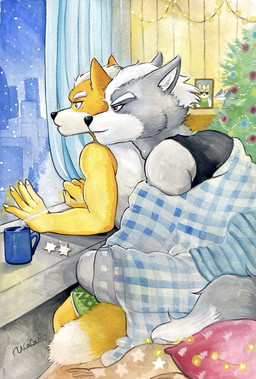 adam's_apple anthro beverage candy chocolate christmas_decorations christmas_lights christmas_tree dessert dipstick_tail duo femboy food holidays hot_chocolate male male/male markings muscular muscular_male pillow plant snow tail tail_markings tree window ulala_ko christmas nintendo star_fox fox_mccloud wolf_o'donnell canid canine canis fox mammal wolf hi_res