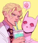 :3 angry anthro beverage blep blonde_eyebrows blonde_hair blush bone bubble_tea close-up clothing drinking drinking_straw duo eyebrows eyelashes hair half-closed_eyes humanoid_pointy_ears looking_down male narrowed_eyes necktie pink_body pink_sclera pink_skin pointy_ears pupils purple_eyes red_tongue shirt short_hair simple_background skull slit_pupils smile suit tan_body tan_skin tea teeth tongue tongue_out topwear white_eyes yellow_background herzspalter jojo's_bizarre_adventure killer_queen yoshikage_kira animal_humanoid cat_humanoid domestic_cat felid felid_humanoid feline feline_humanoid felis human humanoid mammal mammal_humanoid stand_(jjba) 2020 bust_portrait half-length_portrait hi_res portrait