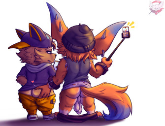 anthro balls beanie black_beanie black_bottomwear black_clothing black_hat black_headwear black_pants black_shirt black_topwear blue_body blue_eyes blue_fur body_hair bottomwear bottomwear_down brown_body brown_fur brown_hair butt butt_grab cellphone clothed clothing duo ear_piercing ear_ring electronics fur genitals hair hairy_balls hand_on_butt hat headgear headwear heart_symbol looking_at_object looking_at_phone male orange_body orange_bottomwear orange_clothing orange_fur orange_hair orange_shorts pants pants_down partially_clothed phone piercing rear_view ring_piercing selfie selfie_stick shirt shorts topwear fennephilim_fox league_of_legends pentakill riot_games tencent true_damage gnar_(lol) kennen_(lol) yordle hi_res