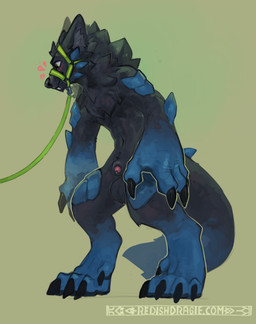 animal_genitalia anthro balls big_feet big_hands big_tail blush bodily_fluids feet genital_fluids genitals halter leash long_tail male muzzle_(object) precum scales sheath solo spikes spikes_(anatomy) tail redishdragie wolfen_(wolfen) canid canine canis hybrid mammal wolf absurd_res hi_res
