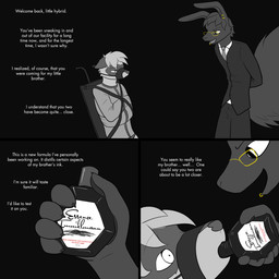 anthro bdsm bondage bound brainwashing clothed clothing duo ear_piercing eyewear fully_clothed glasses male muzzle_(object) muzzled piercing restraints straitjacket suit text nx-42 black_immelmann immelmann_(character) canid canine canis hybrid lagomorph mammal procyonid raccoon wolf 1:1 absurd_res comic english_text hi_res monochrome