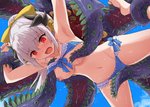 big_breasts blush bodily_fluids breasts clothing exposure_variation female hair horn imminent_rape imminent_tentacle_rape long_hair navel nipples not_furry open_mouth red_eyes restrained solo suspension sweat sweatdrop swimwear tentacles white_hair marugoshi_(54burger) fate_(series) type-moon lancer_kiyohime horned_humanoid human humanoid mammal hi_res