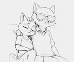2022 anthro black_and_white breasts clothed clothing daughter_(lore) digital_media_(artwork) domestic_cat duo eyes_closed eyewear father_(lore) father_and_child_(lore) father_and_daughter_(lore) felid feline felis female fully_clothed fur glasses good_parenting head_tuft hi_res mae_borowski male mammal monochrome night_in_the_woods notched_ear parent_(lore) parent_and_child_(lore) parent_and_daughter_(lore) s1m shirt simple_background sitting sketch sleeping stan_borowski t-shirt topwear tuft whiskers white_background
