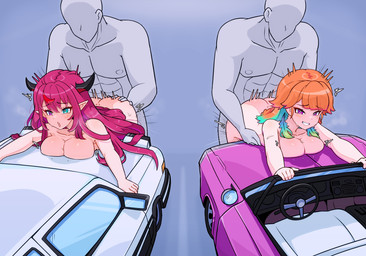 bent_over blue_eyes blush breast_squish breasts car collarbone deep_penetration faceless_character faceless_male female hair heart_eyes heart_symbol heterochromia horn male multicolored_hair not_furry open_mouth orange_hair penetration pink_eyes pointy_ears prick_ears red_hair sex shaking short_hair smile squish standing standing_sex teeth tongue tongue_out trembling two_tone_hair vehicle wet moral_cacoethes hololive hololive_en vtuber irys_(hololive) takanashi_kiara horned_humanoid human humanoid mammal