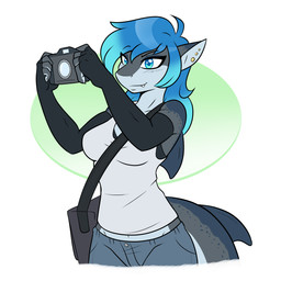 anthro armwear bag blue_eyes blue_hair bottomwear breasts camera clothed clothing denim denim_bottomwear denim_clothing ear_piercing fangs female fingerless_gloves fully_clothed gloves hair handwear holding_object jeans multicolored_hair non-mammal_breasts pants piercing shirt smile solo tank_top teeth topwear two_tone_hair ambris erika_(ambris) aquatic fish shark 1:1 2019 digital_media_(artwork) hi_res