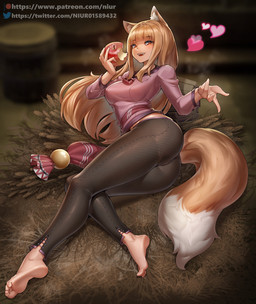 apple barefoot barrel big_breasts bite black_bottomwear black_clothing black_pants bottomwear breasts brown_hair butt butt_pose clothed clothing fangs feet female fluffy fluffy_tail food fruit fur gesture hair hand_gesture hay hay_bale heart_symbol humanoid_feet inner_ear_fluff inside light_body light_skin long_hair long_sleeves lying open_mouth pants pink_clothing pink_shirt pink_topwear plant plantigrade pointing pose red_eyes shirt smile soles solo tail teeth text topwear tuft niur spice_and_wolf holo_(spice_and_wolf) animal_humanoid canid canid_humanoid canine canine_humanoid canis humanoid mammal mammal_humanoid wolf wolf_humanoid digital_media_(artwork) url