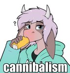 anthro blue_eyes clothing eating femboy hoodie horn male question_mark simple_background solo topwear almy bovid bovine cattle mammal absurd_res hi_res