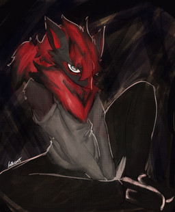 anthro black_body clothed clothing fur grey_eyes male red_body red_fur simple_background solo text brradett nintendo pokemon generation_5_pokemon mammal pokemon_(species) zoroark absurd_res colored digital_drawing_(artwork) digital_media_(artwork) english_text hi_res signature sketch