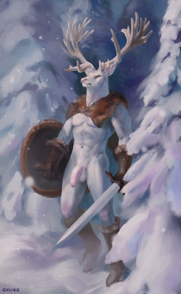 abs albino anthro antlers armor balls boots bottomless clothed clothing day detailed_background flaccid footwear foreskin fur genitals gloves handwear holding_melee_weapon holding_object holding_sword holding_weapon horn humanoid_genitalia humanoid_penis male melee_weapon mostly_nude muscular muscular_anthro muscular_male navel outside pecs penis plant red_eyes shield shoes snow solo standing sword tree unconvincing_armor unretracted_foreskin weapon white_body white_fur chunie deer mammal 2017 adobe_photoshop_(artwork) digital_media_(artwork) digital_painting_(artwork) hi_res painting_(artwork)
