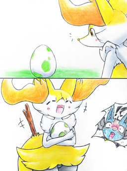 ambiguous_anthro ambiguous_gender anthro biped blush bodily_fluids cutaway duo egg emanata eyes_closed featureless_crotch flying_sweatdrops front_view holding_egg holding_object interrobang object_in_tail open_:3 open_mouth open_smile pokemon_egg shocked simple_background smile snout solo_focus standing stick stick_in_tail sweat sweatdrop tail tongue two_panel_image wide_eyed eiroru nintendo pokemon braixen canid generation_4_pokemon generation_6_pokemon lucario mammal pokemon_(species) 2026 colored_pencil_(artwork) comic graphite_(artwork) hi_res one_page_comic traditional_media_(artwork)