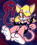 3_toes 4_fingers anthro barefoot biped blonde_hair blue_background breasts cleavage clothed clothing cosmic_background countershade_feet countershading cute_fangs feet female fingers foot_focus gradient_background green_eyes hair hair_over_eye hindpaw holding_knife holding_object holding_weapon knife one_eye_obstructed paws pink_body red_background simple_background smile snaggle_tooth soles solo space space_background toes weapon whip white_soles mintytempest bomberman bomberman_hero hudson_soft konami natia domestic_cat felid feline felis mammal 2019 hi_res