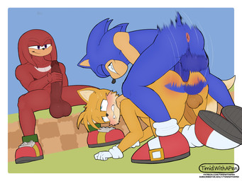 anal anal_penetration anal_tugging anthro anthro_on_anthro anthro_penetrated anthro_penetrating anthro_penetrating_anthro anus balls being_watched blush butt clenched_teeth clothing doggystyle erection footwear from_behind_position genitals gloves group handwear humanoid_genitalia humanoid_penis interspecies looking_at_another looking_pleasured male male/male male_on_bottom male_on_top male_penetrated male_penetrating male_penetrating_male mostly_nude muscular muscular_anthro muscular_male nipples nude on_bottom on_top orifice_tugging pecs penetration penile penile_penetration penis penis_in_ass rough_sex sex shoes smile tail teeth text trio timidwithapen sega sonic_the_hedgehog_(series) knuckles_the_echidna miles_prower sonic_the_hedgehog canid canine echidna eulipotyphlan fox hedgehog mammal monotreme 4:3 digital_media_(artwork) hi_res url