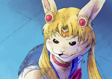 anthro asian_clothing bodily_fluids clothing cosplay crossover_cosplay ear_piercing east_asian_clothing female fur humor japanese_clothing japanese_school_uniform piercing pun school_uniform screencap_redraw serafuku solo sweat uniform visual_pun white_body white_fur wig ultimatecharizard006 beastars sailor_moon_(series) sailor_moon_redraw_challenge haru_(beastars) domestic_rabbit dwarf_rabbit lagomorph leporid mammal netherland_dwarf_rabbit oryctolagus rabbit crossover meme