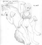 arania archived_source bestiality bottomless canid canine canis clothed clothing dialogue duo english_text female female_on_feral feral genitals graphite_(artwork) greyscale human human_on_feral interspecies inverted_pentacle male male/female male_on_human mammal monochrome occult_symbol pencil_(artwork) pentacle pentagram pussy sketch symbol tail text traditional_media_(artwork) transformation wolf