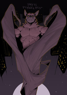 anthro city city_background male membrane_(anatomy) membranous_wings moon muscular muscular_anthro muscular_male solo upside_down wings mashtateos weretober bat flying_fox mammal megabat werecreature absurd_res colored hi_res