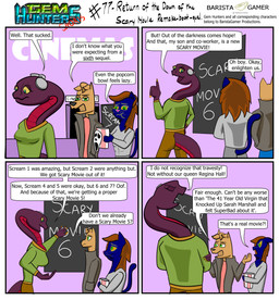 anthro clothing cochlear_implant_processor deaf dialogue female jacket male movie_poster movie_theater popcorn_bucket poster_(object) simple_background text topwear baristagamerproductions ada_(gem_hunters) alfonso_(gem_hunters) phoebe_(gem_hunters) canid canine canis dingo felid feline mammal reptile scalie snake absurd_res comic english_text hi_res