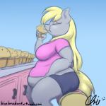 1:1 2014 anthro anthrofied biped blonde_hair blue_background clothed clothing derpy_hooves_(mlp) equid equine eyes_closed feathered_wings feathers female food friendship_is_magic fur grey_body grey_feathers grey_fur hair hasbro hi_res holding_food holding_object mammal muffin my_little_pony mythological_creature mythological_equine mythology nekocrispy obese obese_anthro obese_female overweight overweight_anthro overweight_female pegasus side_view simple_background sitting solo wings