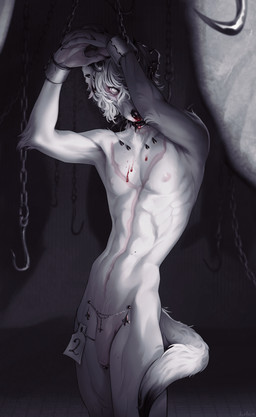 abdominal_scar anthro arm_tuft athletic athletic_anthro athletic_male big_penis biped blood bodily_fluids bound chain chained chest_scar dim_lighting ear_piercing elbow_tuft flaccid fur genital_piercing genitals hair hands_tied humanoid_genitalia humanoid_hands humanoid_penis inside long_scar looking_at_viewer male male_anthro meathook monotone_body monotone_fur nipples nosebleed penis penis_piercing piercing prince_albert_piercing scar slim snout solo standing tail text tuft white_body white_fur white_hair beastfromhell sylvain_(feretory) bird_dog canid canine canis domestic_dog hunting_dog labrador mammal retriever absurd_res artist_name digital_media_(artwork) hi_res signature