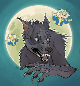 ambiguous_gender anthro black_body black_fur black_nose blonde_hair clawed_hands claws ear_tuft fangs fur group hair male moon sharp_teeth teeth text trio tuft vault_suit han_(artist) fallout microsoft blue_devil vault_boy cryptid human hybrid mammal artist_name english_description hi_res