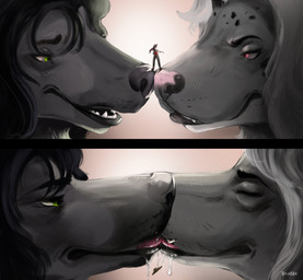 anthro anthro_pred belt belt_buckle between_mouths black_hair black_lips black_nose bodily_fluids bottomwear buckle clothing dripping eyebrows eyes_closed female female_anthro female_pred footwear green_eyes group hair hat headgear headwear human_prey kissing lips macro_anthro macro_female male male_human mask micro micro_human micro_in_mouth micro_male micro_on_nose oral_vore pants pink_eyes pink_nose red_clothing red_shirt red_topwear saliva saliva_drip sharing_prey shirt shoes soft_vore teeth text tongue topwear trio vore white_hair taylornoir kyara_(0_madespain_0) titansaw007 yana_(0_madespain_0) canid canine canis human hyena mammal wolf 2025 absurd_res artist_name comic digital_drawing_(artwork) digital_media_(artwork) hi_res signature story story_in_description