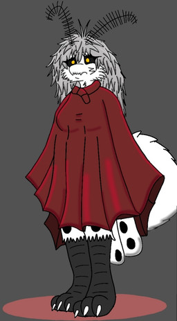 antennae_(anatomy) anthro black_sclera cloak clothing female fur grey_hair hair red_cloak red_clothing solo white_body white_fur yellow_eyes kositamandy polly arthropod insect lepidopteran moth digital_drawing_(artwork) digital_media_(artwork)