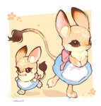 anthro blush bow_ribbon brown_eyes chibi claws clothing dress eyelashes female flower fur grass heart_symbol inner_ear_fluff looking_at_viewer open_mouth paws plant raised_leg simple_background solo tail tan_body tan_fur tuft rekiowaa dipodid jerboa mammal rodent 2024 hi_res signature