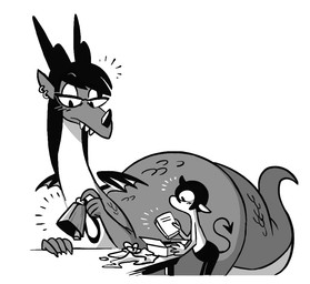 anthro book box claws clothed clothing container cowbell duo ear_piercing ear_ring eyewear female finger_claws gift_box glasses hair holding_book holding_object horn long_hair male piercing raised_tail ring_piercing scales snaggle_teeth spade_tail tail topless topless_anthro topless_male wearing_glasses wings shyguy9 mythology pith demon dragon imp mythological_creature mythological_scalie scalie monochrome