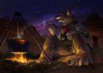 4_toes anthro barefoot biped bottomwear campfire chopsticks claws clothed clothing fangs feet food fully_clothed night noodles pants sitting sky solo star starry_sky teeth toe_claws toes racoonwolf canid canine mammal 2018 dark_theme