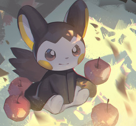 ambiguous_gender apple beady_eyes biped black_body closed_smile facial_markings featureless_crotch food fruit head_markings looking_at_viewer markings mouth_closed plant sitting smile solo unsigned white_body yellow_markings emolga_1 nintendo pokemon emolga generation_5_pokemon pokemon_(species) full-length_portrait hi_res portrait