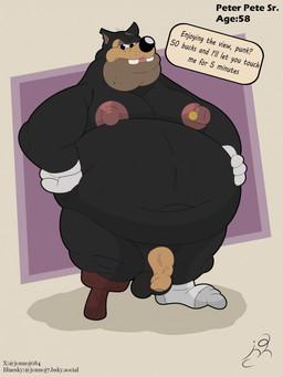 anthro balls barbell_piercing belly big_belly black_body black_eyes black_nose clothing countershade_face countershading dialogue flaccid footwear foreskin genitals gloves handwear huge_belly male male/male navel nipple_barbell nipple_piercing nipples obese obese_male overweight overweight_male penis piercing socks solo text white_clothing white_gloves white_handwear jon_noj disney goof_troop pete_(disney) peter_pete_sr. domestic_cat felid feline felis mammal english_text hi_res