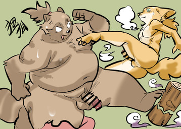 anthro balls belly big_belly butt duo erection genitals kemono male male/male moobs navel nipples overweight overweight_male penis simple_background batsuyo canid canine fox mammal raccoon_dog tanuki 2025 hi_res