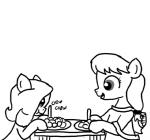 clothing duo earth_pony eating emerald_jewel_(colt_quest) equid equine fan_character female feral ficficponyfic food hasbro hope_blossoms_(colt_quest) horse male mammal monochrome my_little_pony pony simple_background white_background young young_feral