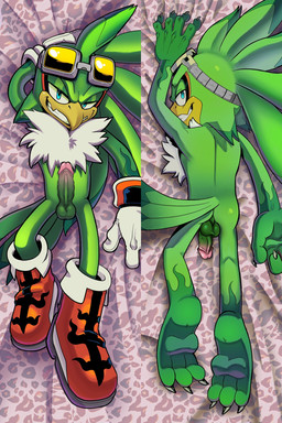 anthro backsack balls beak bed_sheet bedding boots butt claws clothing dakimakura erection eye_markings eyewear eyewear_on_head eyewear_only feathers feet finger_claws fluffy fluffy_chest footwear genitals glans gloves gloves_(marking) goggles goggles_on_head goggles_only grabbing_sheets green_balls green_body handwear head_feathers lying male markings nude on_front penis perineum pink_glans presenting presenting_hindquarters rear_view red_boots red_clothing red_footwear shoes solo tail tail_feathers talons toe_claws toes white_clothing white_gloves white_handwear yellow_beak hazmatrosen sega sonic_riders sonic_the_hedgehog_(series) jet_the_hawk accipitrid accipitriform avian bird 2:3 hi_res