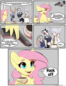 anthro beverage biped black_nose blue_eyes clothed clothing coffee coffee_cup container cup dialogue eyebrows female feral floppy_ears fur grey_body grey_fur grey_hair group gun hair handgun humanoid_pointy_ears lop_ears mane midriff napkin open_mouth pink_hair pink_nose pistol pivoted_ears pointy_ears profanity quadruped ranged_weapon red_sclera smile speech_bubble text threatening threatening_with_weapon using_wings weapon white_body white_fur wing_hold wing_holding_object winged_hands wings yellow_body yellow_fur skitsroom disney friendship_is_magic frieren_beyond_journey's_end hasbro hellaverse helluva_boss my_little_pony mythology snatch_(film) zootopia fluttershy_(mlp) frieren judy_hopps loona_(helluva_boss) canid canid_demon canine demon elf equid equine hellhound horse humanoid lagomorph leporid mammal mythological_canine mythological_creature pony rabbit absurd_res comic english_text hi_res