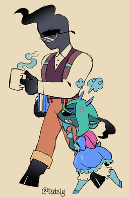 1_eye anthro backpack beverage book clothed clothing coffee coffee_mug cross-popping_vein dress duo ear_piercing eyewear female glasses hooves horn male piercing split_form student teacher teacher_and_student toony young young_anthro young_female teebsly cygnus_montiago dolly_curtis humanoid satyr