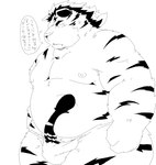 anthro asian_clothing belly big_belly bulge clothing detailed_bulge east_asian_clothing fundoshi genital_outline japanese_clothing kemono male moobs nipples overweight overweight_male penis_outline simple_background solo text underwear white_background suishou0602 tamacolle hitachi_(tamacolle) felid mammal pantherine tiger 2023 hi_res japanese_text monochrome